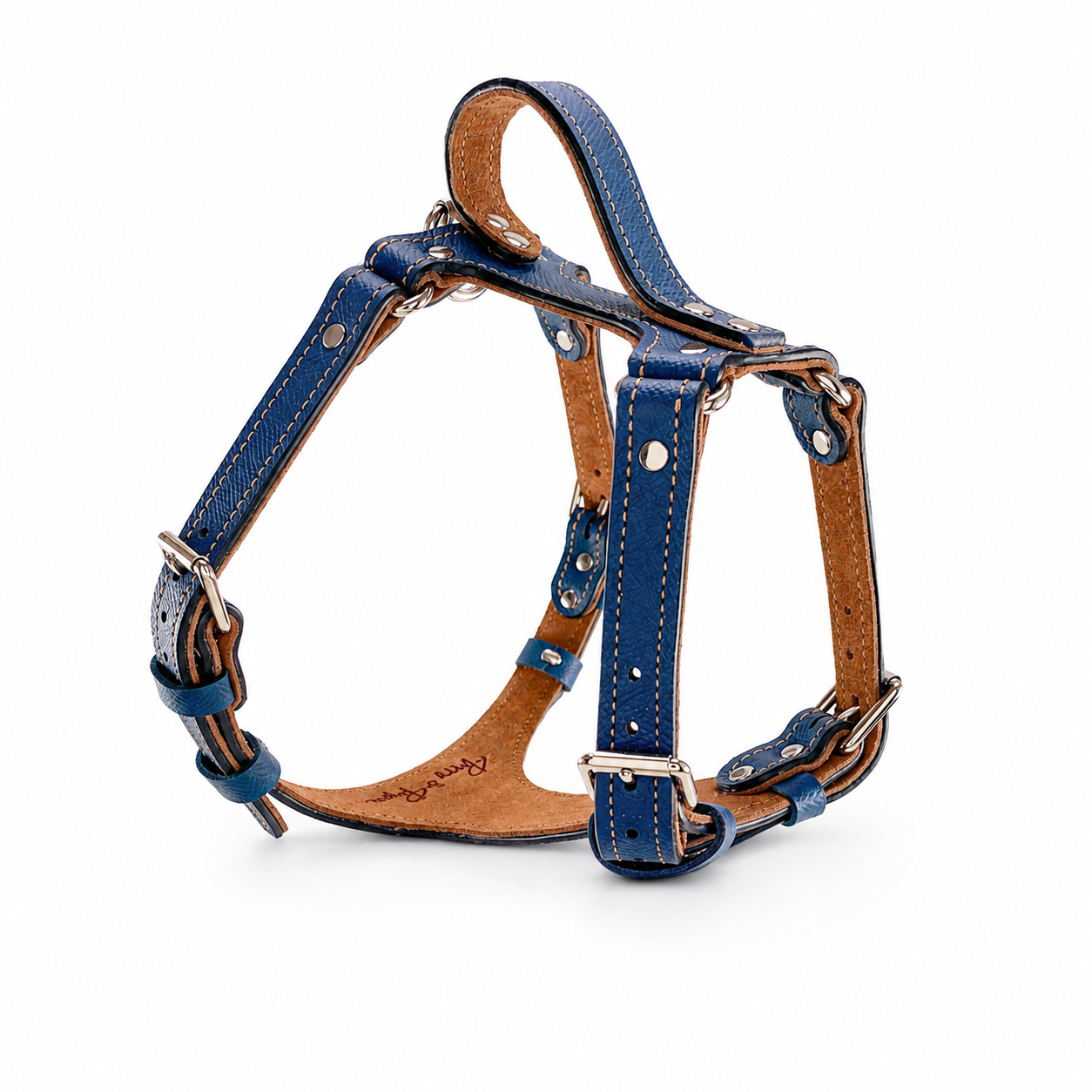 Navy Blue and Tan Leather Dog Harness
