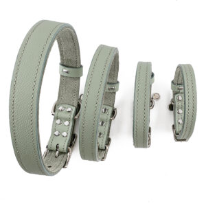 desert sage leather dog collars stacked in four different sizes back view