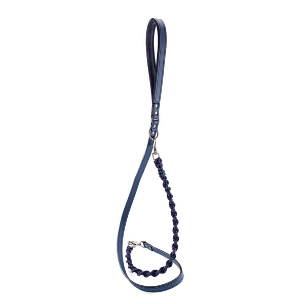 navy blue leather dog leash with paracord braided add on hanging