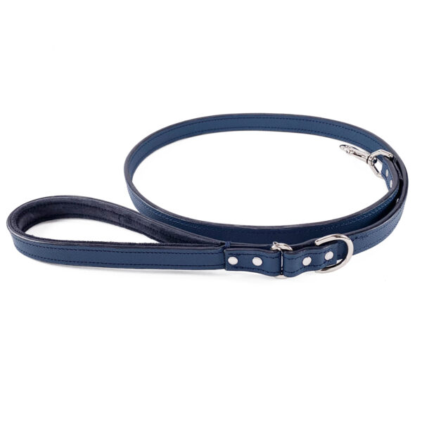 navy blue leather dog leash rolled