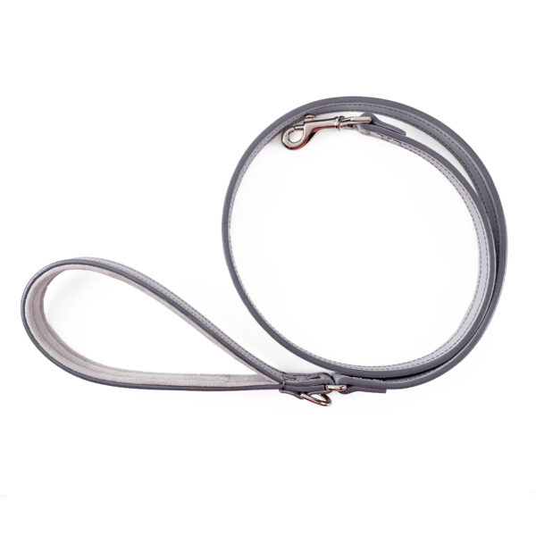light gray leather dog leash rolled side view