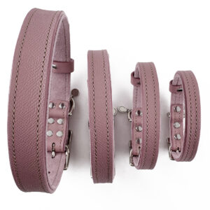 mauve leather dog collars in four different sizes back view