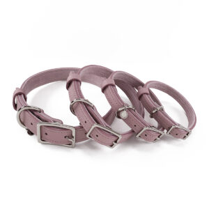 mauve leather dog collars in four different sizes