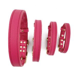 raspberry wine leather dog collars in four different sizes back view