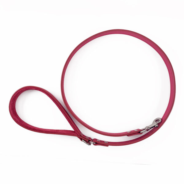raspberry wine leather leash rolled with suede handle top view